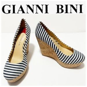 Gianni Bini, Blue & White Striped Platform Cork Wedges, Size 6M
